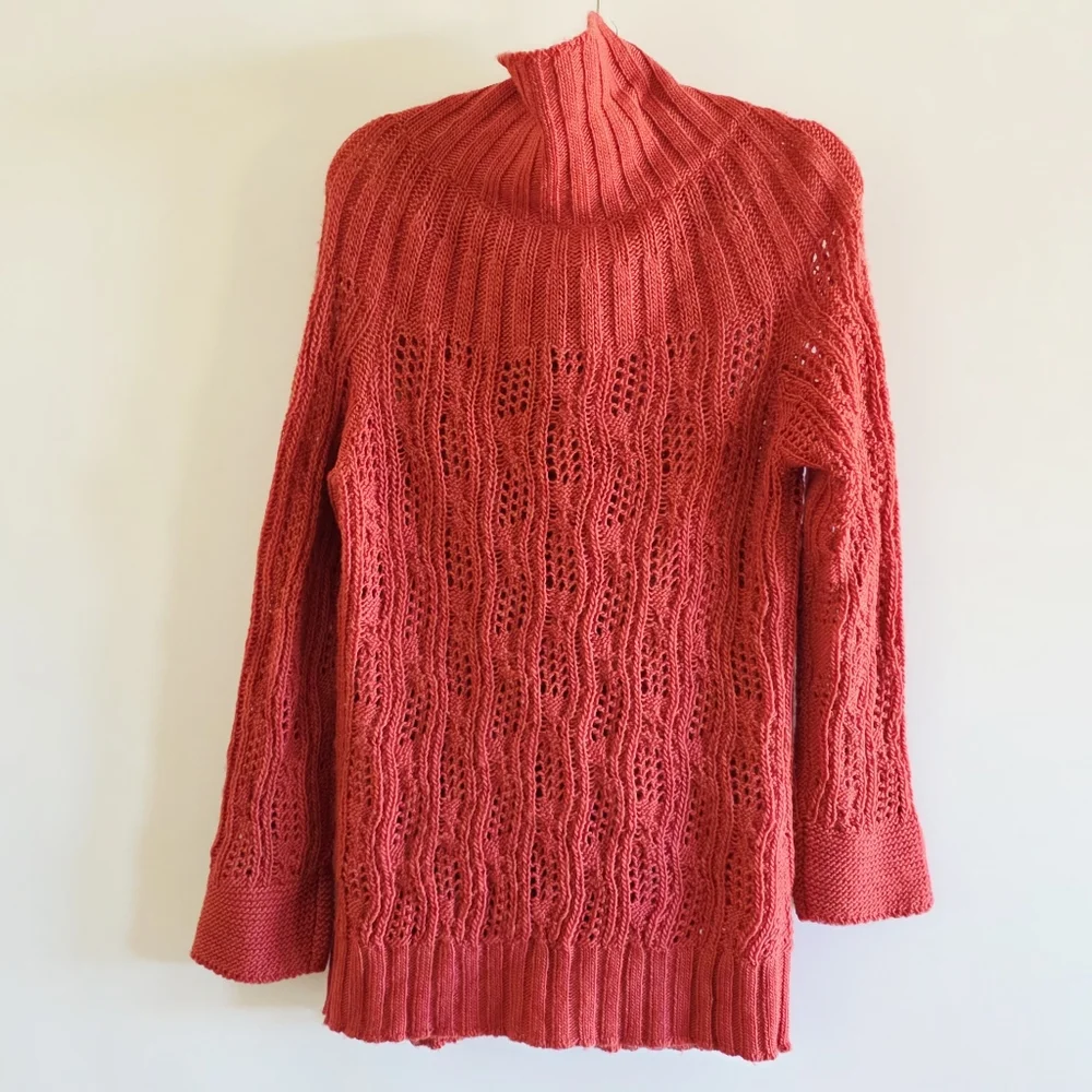 Free People Oxid Orange Turtleneck Wool Open Knit Sweater Cardigan Women Size M - Picture 8 of 8